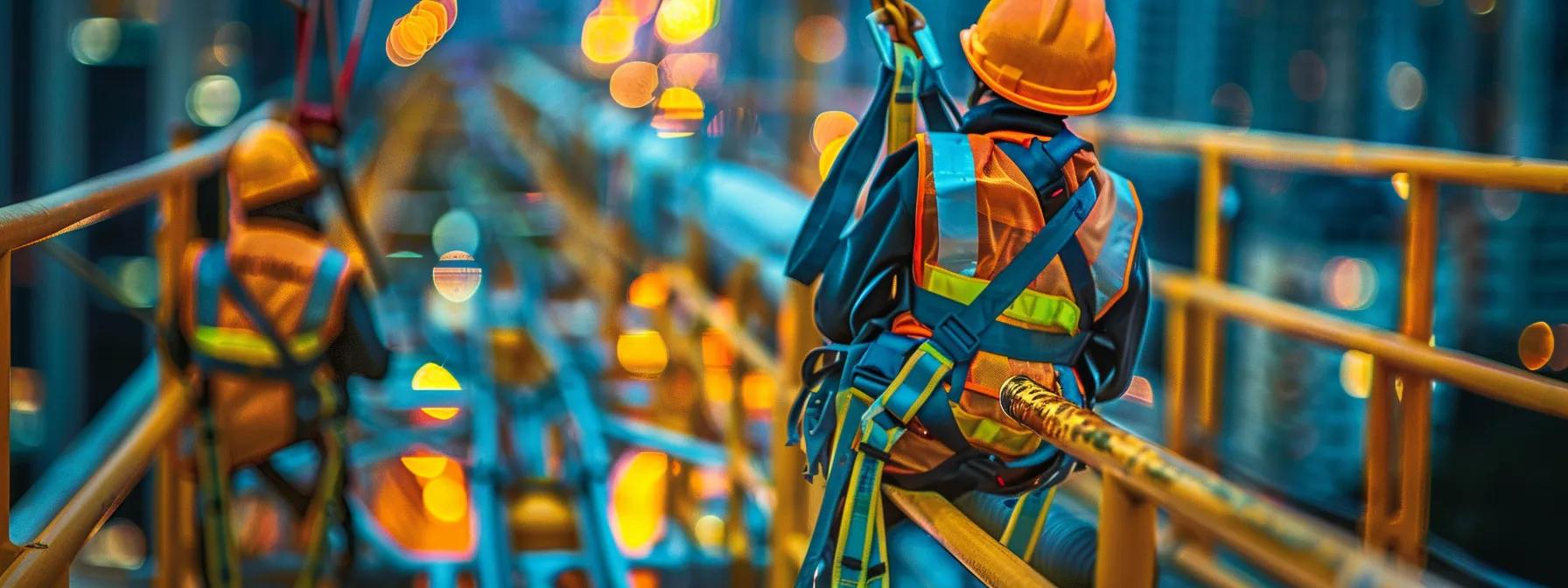 a well-equipped construction site showcases essential fall protection gear, including sturdy guardrails and vibrant full-body harnesses, set against an urban backdrop and illuminated by artificial lighting, emphasizing osha compliance and safety standards.