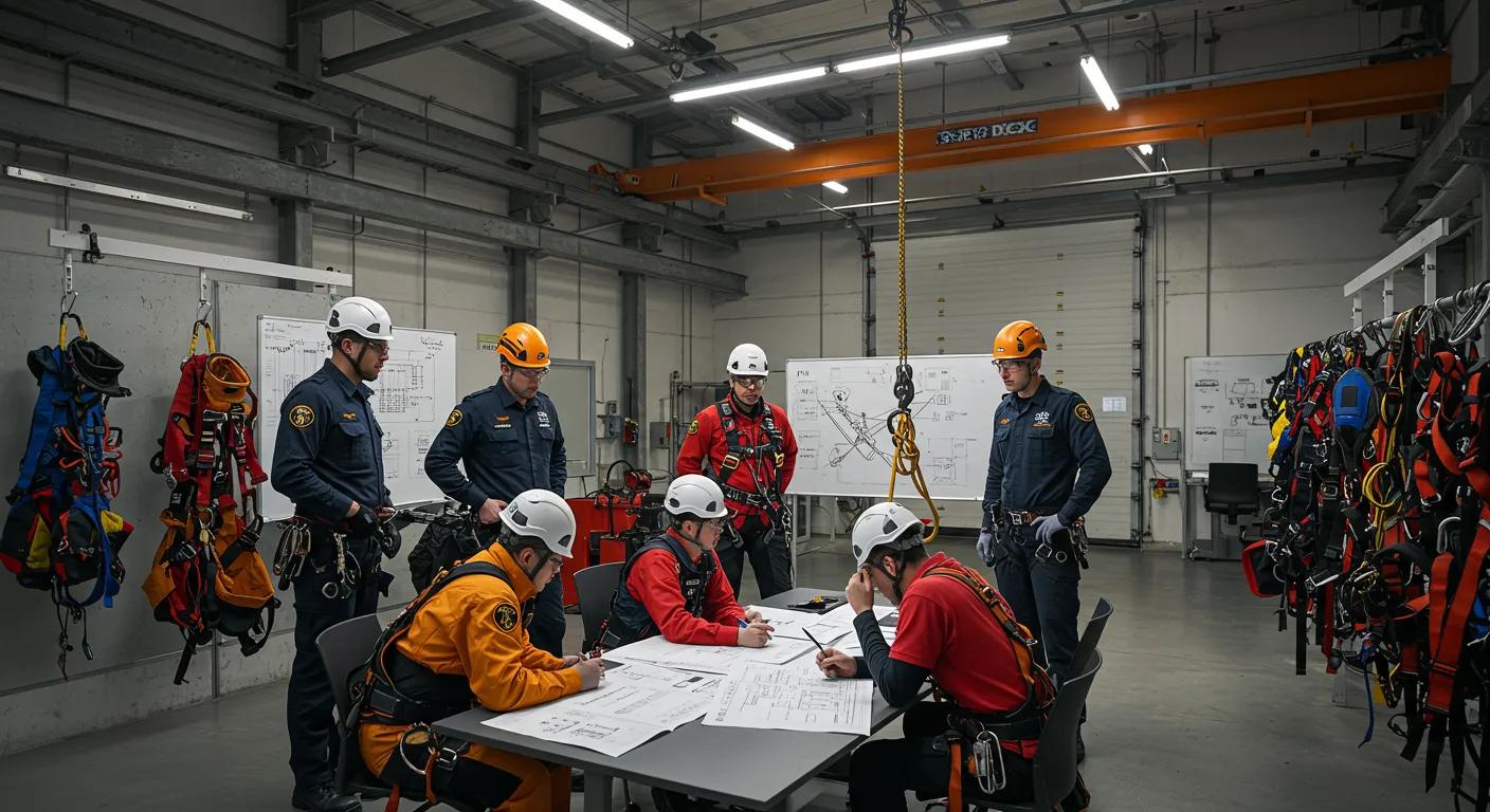 a high-contrast image of an industrial workshop showcasing a team of safety officers engaged in a detailed fall rescue planning session, surrounded by safety harnesses and rescue equipment, with blueprints and training manuals spread across a sleek conference table under bright, focused overhead lighting.