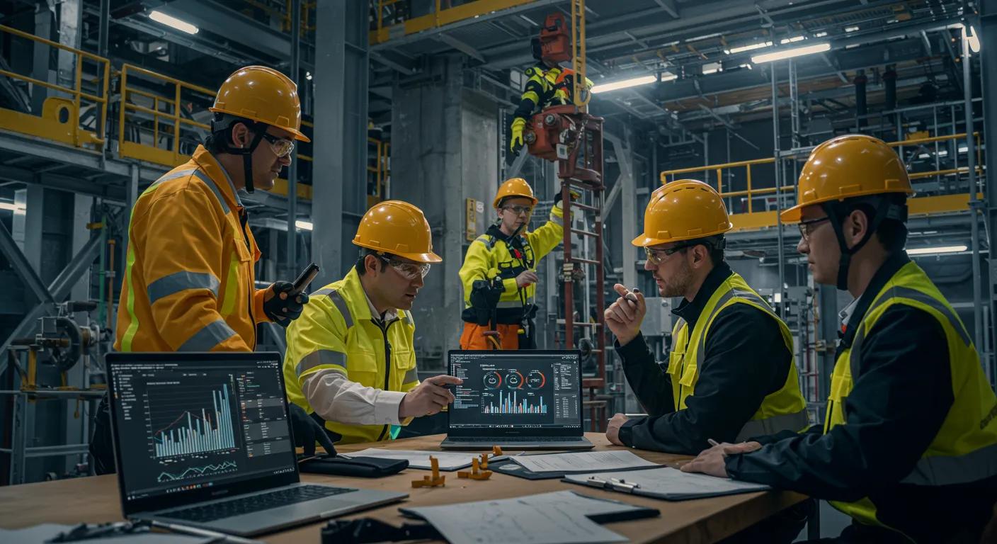 a dynamic industrial worksite is depicted under bright artificial lighting, showcasing safety inspectors conducting a thorough evaluation of equipment and procedures, with data analytics charts displayed on laptops nearby for a comprehensive fall risk assessment.