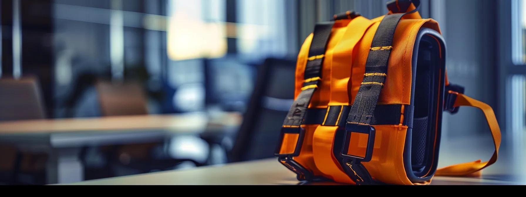 a close-up view of a meticulously arranged safety harness system displayed on a sleek, modern office desk, emphasizing its intricate design and sturdy material in a well-lit, professional environment. a close-up view of a meticulously arranged safety harness system displayed on a sleek, modern office desk, emphasizing its intricate design and sturdy material in a well-lit, professional environment.