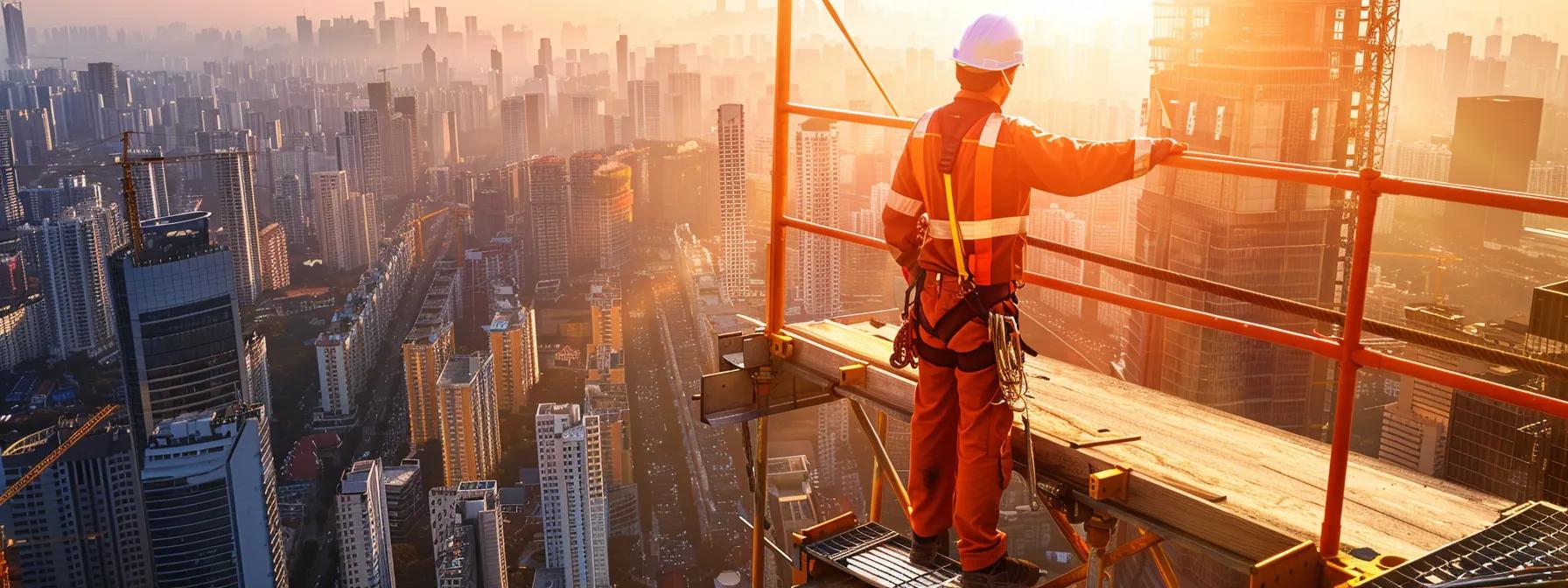 a construction worker confidently navigates a narrow elevated platform, secured by an integrated self-retracting lifeline system and a robust fixed rail protection, all set against a dynamic urban skyline backdrop that emphasizes safety in a high-risk environment. a construction worker confidently navigates a narrow elevated platform, secured by an integrated self-retracting lifeline system and a robust fixed rail protection, all set against a dynamic urban skyline backdrop that emphasizes safety in a high-risk environment.
