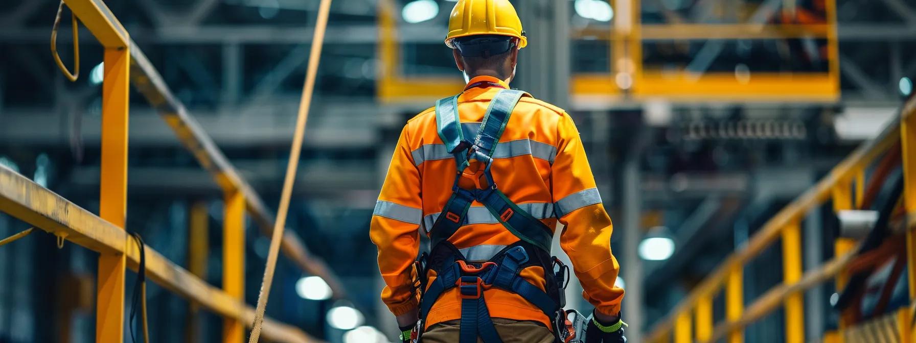 a dynamic industrial workspace showcases a worker securely donned in a vibrant safety harness, confidently engaged in maintenance at a lofty height, with clear displays of regulatory safety posters and well-organized fall protection equipment prominently featured in the background. a dynamic industrial workspace showcases a worker securely donned in a vibrant safety harness, confidently engaged in maintenance at a lofty height, with clear displays of regulatory safety posters and well-organized fall protection equipment prominently featured in the background.