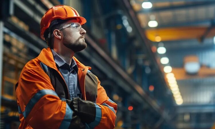 a focused, dynamic shot of a safety inspector examining a sturdy fall protection anchor in a well-lit industrial workspace, emphasizing the importance of maintenance and reliability for workplace safety.