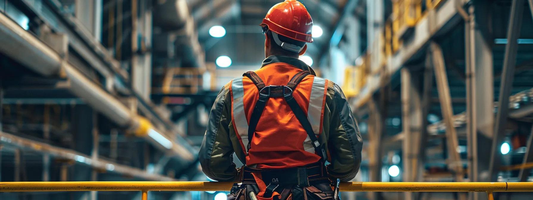 a focused scene showcasing a certified safety inspector conducting a detailed evaluation of a fall protection system in a modern industrial building, surrounded by safety gear and inspection tools, under bright artificial lighting that highlights the inspector's meticulous attention to rust and wear on guardrails and anchorage points. a focused scene showcasing a certified safety inspector conducting a detailed evaluation of a fall protection system in a modern industrial building, surrounded by safety gear and inspection tools, under bright artificial lighting that highlights the inspector's meticulous attention to rust and wear on guardrails and anchorage points.