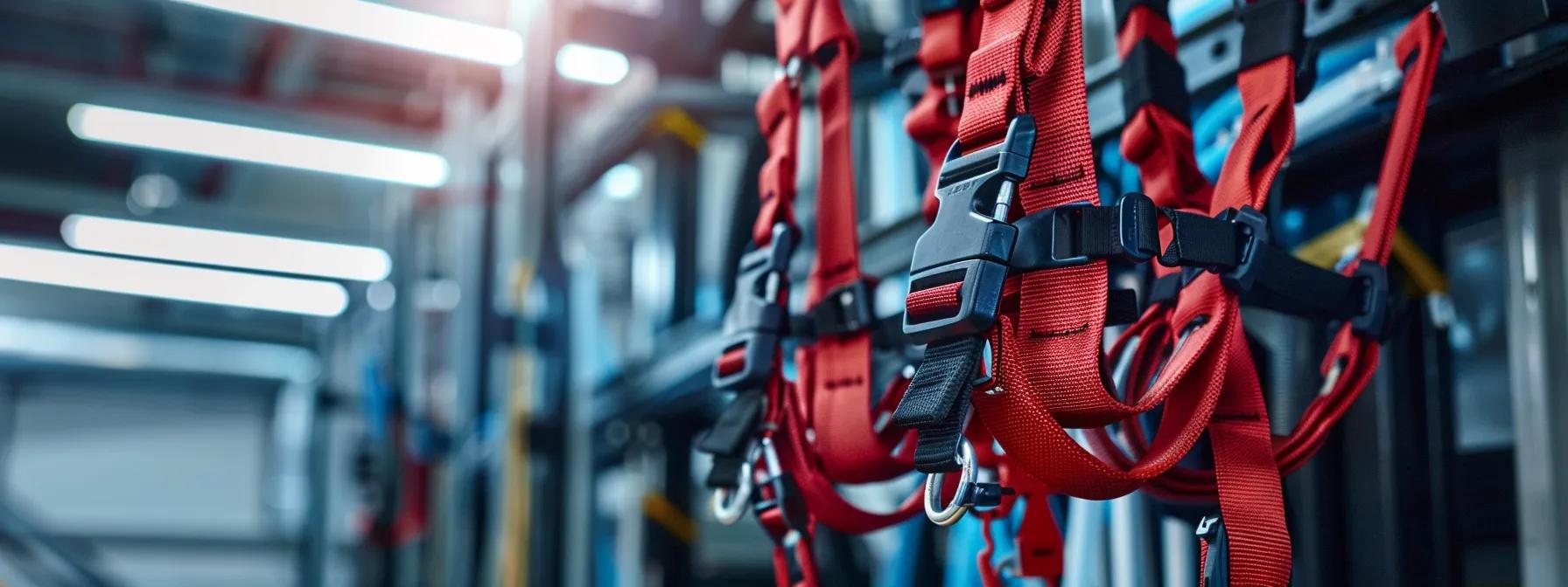 a high-contrast, close-up view of a full-body safety harness system elegantly displayed in an industrial office setting, showcasing the intricate design of connecting devices, anchorage points, and shock-absorbing lanyards against a backdrop of safety blueprints and inspection tools. a high-contrast, close-up view of a full-body safety harness system elegantly displayed in an industrial office setting, showcasing the intricate design of connecting devices, anchorage points, and shock-absorbing lanyards against a backdrop of safety blueprints and inspection tools.