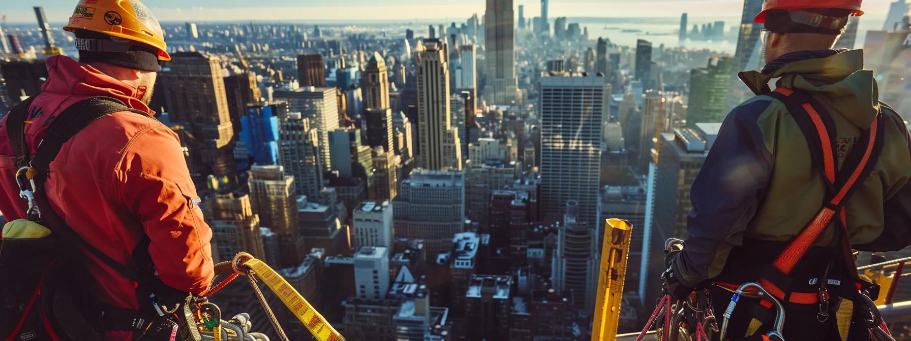 a high-contrast, urban rooftop scene showcases a team of professionals installing robust fall restraint systems, with safety harnesses and barriers clearly delineating the work zone while imposing city structures loom in the background. a high-contrast, urban rooftop scene showcases a team of professionals installing robust fall restraint systems, with safety harnesses and barriers clearly delineating the work zone while imposing city structures loom in the background.