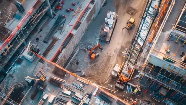 a high-angle view of a bustling construction site showcasing robust fall protection anchors securely installed on elevated walkways, emphasizing safety protocols in a modern urban environment.