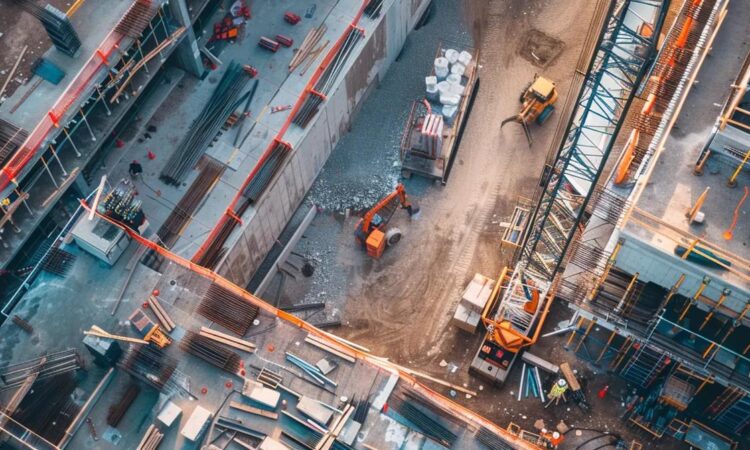 a high-angle view of a bustling construction site showcasing robust fall protection anchors securely installed on elevated walkways, emphasizing safety protocols in a modern urban environment.