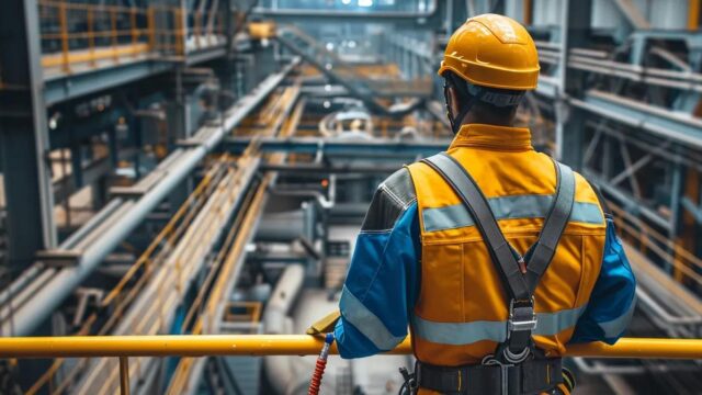 a high-contrast, industrial workplace showcases a robust safety harness system securely fastened to a worker, surrounded by towering steel beams and machinery, emphasizing the critical importance of overhead fall protection.