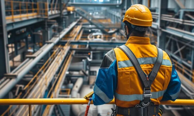 a high-contrast, industrial workplace showcases a robust safety harness system securely fastened to a worker, surrounded by towering steel beams and machinery, emphasizing the critical importance of overhead fall protection.