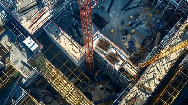 a high-angle view captures a modern construction site featuring industrial roof edge protection systems, showcasing a sleek combination of restraint and arrest mechanisms designed for optimal safety amidst towering steel structures.
