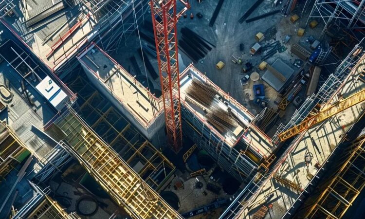 a high-angle view captures a modern construction site featuring industrial roof edge protection systems, showcasing a sleek combination of restraint and arrest mechanisms designed for optimal safety amidst towering steel structures.