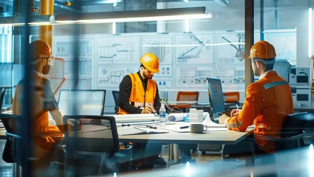 a meticulously designed office space features a conference table surrounded by blueprints and safety equipment, with safety engineers discussing fall protection systems for public buildings, illuminated by focused, modern lighting.