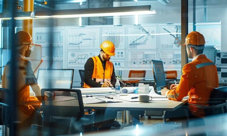 a meticulously designed office space features a conference table surrounded by blueprints and safety equipment, with safety engineers discussing fall protection systems for public buildings, illuminated by focused, modern lighting.
