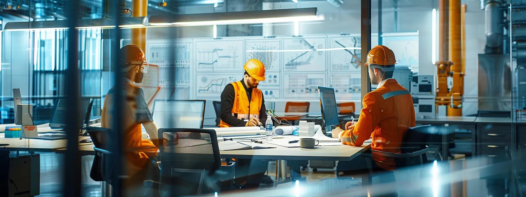 a meticulously designed office space features a conference table surrounded by blueprints and safety equipment, with safety engineers discussing fall protection systems for public buildings, illuminated by focused, modern lighting. a meticulously designed office space features a conference table surrounded by blueprints and safety equipment, with safety engineers discussing fall protection systems for public buildings, illuminated by focused, modern lighting.