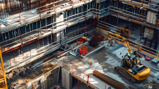a modern construction site showcases a robust flex cable fall protection system, highlighting its intricate components and vibrant safety signage against a backdrop of steel frameworks and industrial machinery.