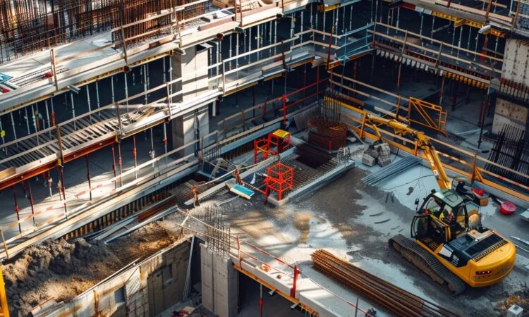 a modern construction site showcases a robust flex cable fall protection system, highlighting its intricate components and vibrant safety signage against a backdrop of steel frameworks and industrial machinery.