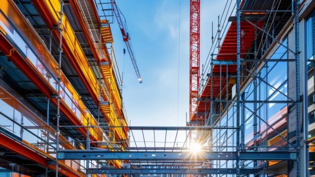 a modern construction site features two distinct fall protection systems: on one side, a sleek temporary system with bright safety netting, and on the other, a sturdy and permanent structure with robust metal guardrails, all set against a backdrop of bustling urban activity and clear blue skies.