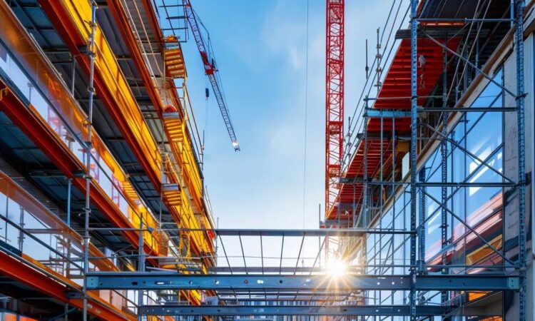 a modern construction site features two distinct fall protection systems: on one side, a sleek temporary system with bright safety netting, and on the other, a sturdy and permanent structure with robust metal guardrails, all set against a backdrop of bustling urban activity and clear blue skies.