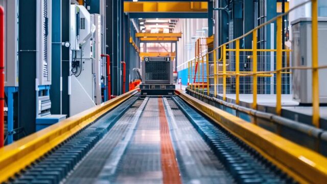 a modern industrial walkway features a high-tech self-retracting fall protection system, emphasizing safety with robust machinery and clear signage in a well-lit construction environment.