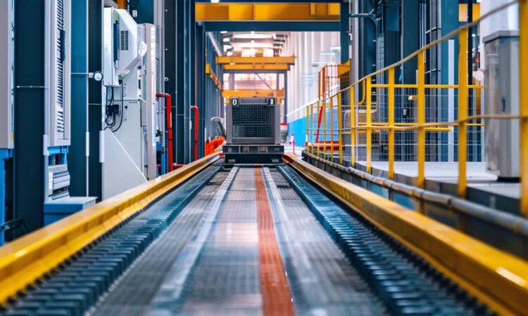a modern industrial walkway features a high-tech self-retracting fall protection system, emphasizing safety with robust machinery and clear signage in a well-lit construction environment.