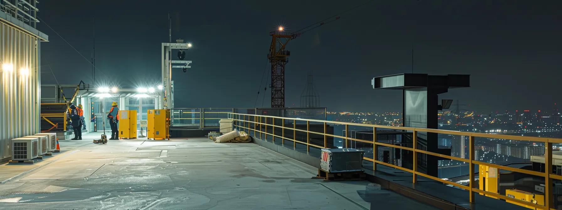 Workers in safety gear on a rooftop with a yellow rail fall protection system, illuminated by lights, overlooking a city skyline at night.