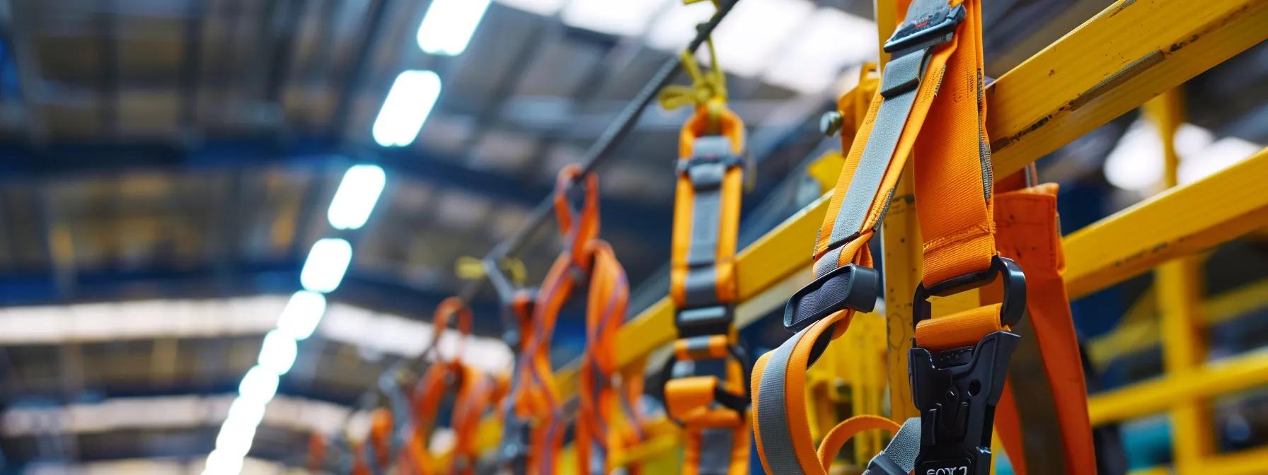 a modern industrial workspace showcasing a well-organized fall protection system, complete with vibrant safety harnesses and clearly labeled safety signage, all under bright, focused artificial lighting that highlights strict adherence to osha and ansi standards. a modern industrial workspace showcasing a well-organized fall protection system, complete with vibrant safety harnesses and clearly labeled safety signage, all under bright, focused artificial lighting that highlights strict adherence to osha and ansi standards.