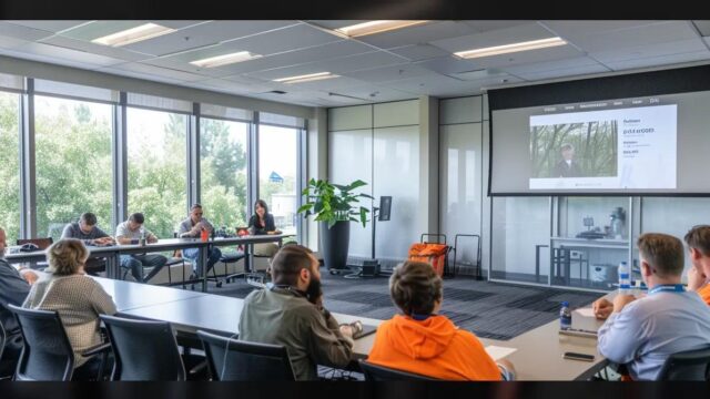 a modern office environment showcases a safety training session, featuring vibrant fall protection equipment prominently displayed in a well-lit conference room, with engaged participants attentively listening to a knowledgeable expert.