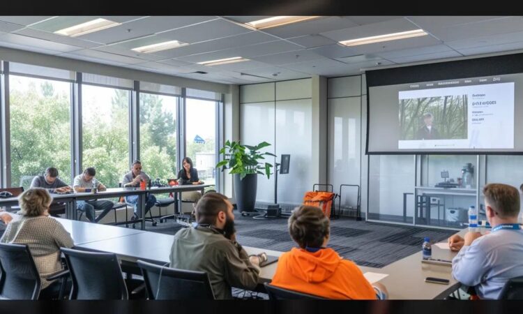 a modern office environment showcases a safety training session, featuring vibrant fall protection equipment prominently displayed in a well-lit conference room, with engaged participants attentively listening to a knowledgeable expert.