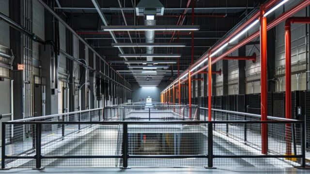 a robust safety training facility showcases a self-retracting lifeline system integrated with sleek rail and barrier protection, illuminated by overhead industrial lighting that emphasizes the high-tech design and functionality of the equipment.