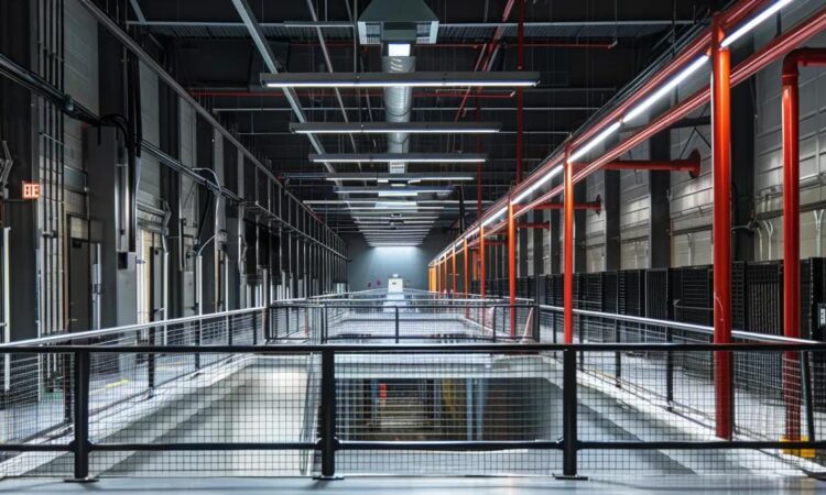 a robust safety training facility showcases a self-retracting lifeline system integrated with sleek rail and barrier protection, illuminated by overhead industrial lighting that emphasizes the high-tech design and functionality of the equipment.