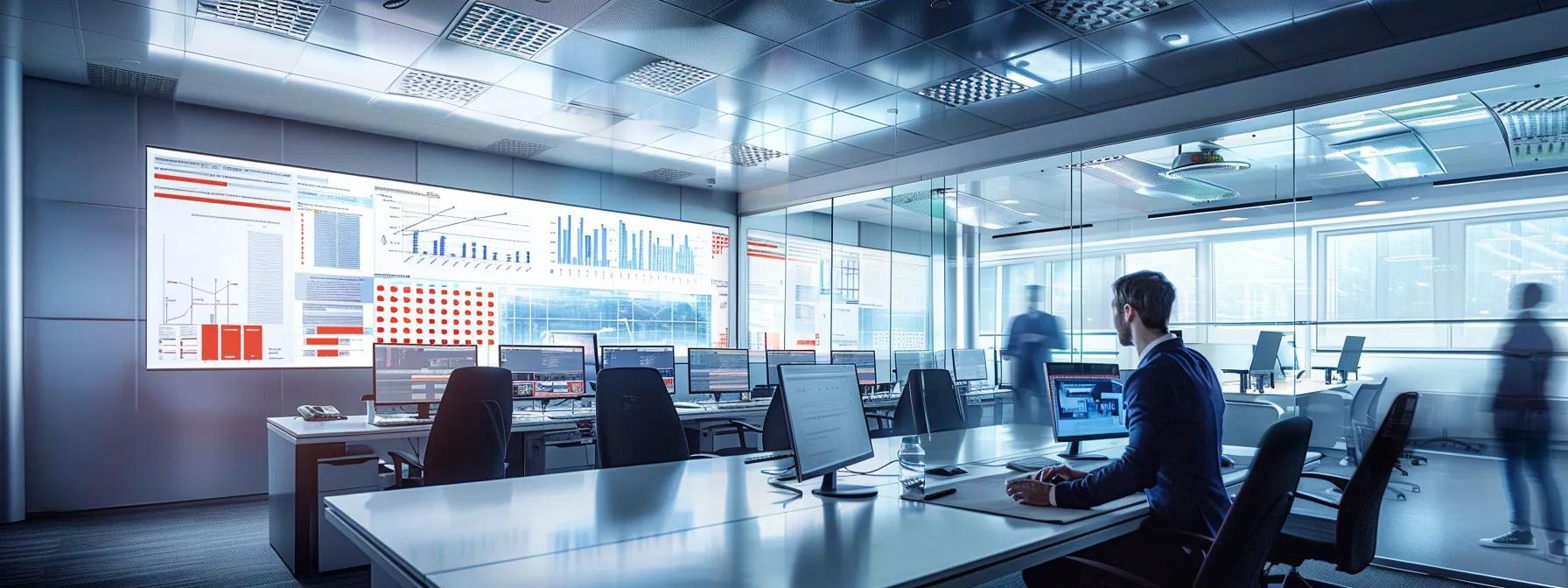 a sharply-focused office setting showcases a safety manager reviewing detailed blueprints and diagrams of various fall protection systems, with a sleek conference table and high-tech monitors displaying safety statistics in the background under bright artificial lighting. a sharply-focused office setting showcases a safety manager reviewing detailed blueprints and diagrams of various fall protection systems, with a sleek conference table and high-tech monitors displaying safety statistics in the background under bright artificial lighting.