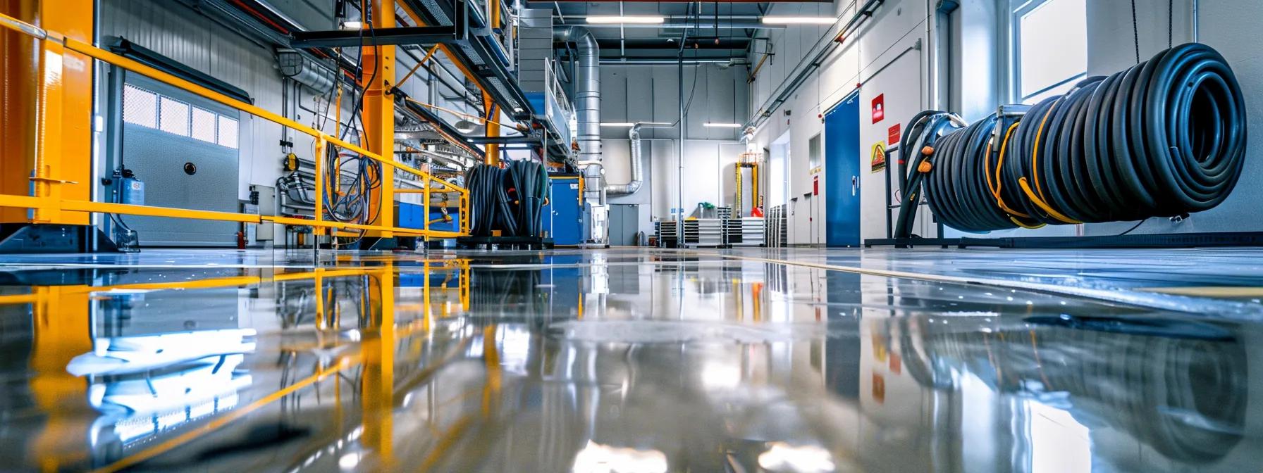 a sleek industrial workspace showcases a flex cable fall protection system in action, highlighting its flexible, high-strength cables secured above a platform, with a backdrop of modern safety equipment and a polished concrete floor. a sleek industrial workspace showcases a flex cable fall protection system in action, highlighting its flexible, high-strength cables secured above a platform, with a backdrop of modern safety equipment and a polished concrete floor.