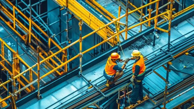 a sleek, modern construction site features workers evaluating a rail fall protection system alongside a flexible cable system, with vibrant safety equipment contrasting against the industrial backdrop of steel and scaffolding.