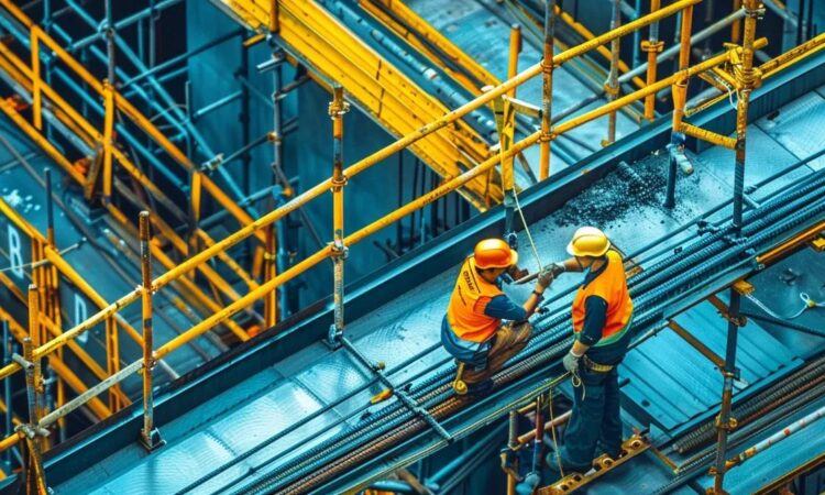 a sleek, modern construction site features workers evaluating a rail fall protection system alongside a flexible cable system, with vibrant safety equipment contrasting against the industrial backdrop of steel and scaffolding.