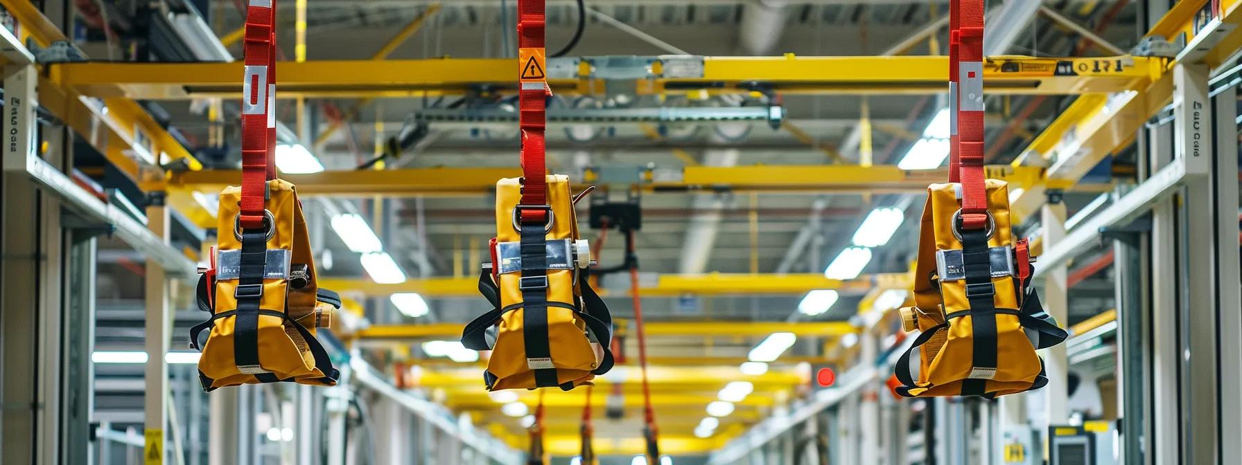 a sleek, modern industrial workspace showcases an advanced overhead fall protection system, equipped with safety harnesses and warning signs, emphasizing strict compliance with safety standards and regulations in a well-lit environment. a sleek, modern industrial workspace showcases an advanced overhead fall protection system, equipped with safety harnesses and warning signs, emphasizing strict compliance with safety standards and regulations in a well-lit environment.