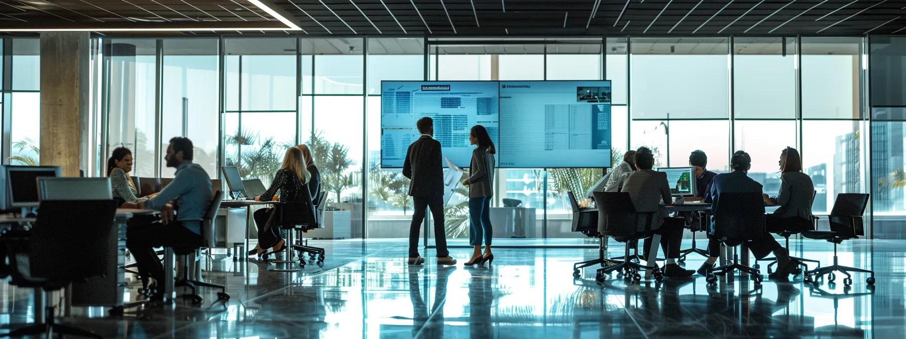 a sleek, modern office environment showcases a diverse team engaged in a focused discussion around a digital display of advanced fall protection systems, emphasizing collaboration and strategic decision-making for workplace safety. a sleek, modern office environment showcases a diverse team engaged in a focused discussion around a digital display of advanced fall protection systems, emphasizing collaboration and strategic decision-making for workplace safety.