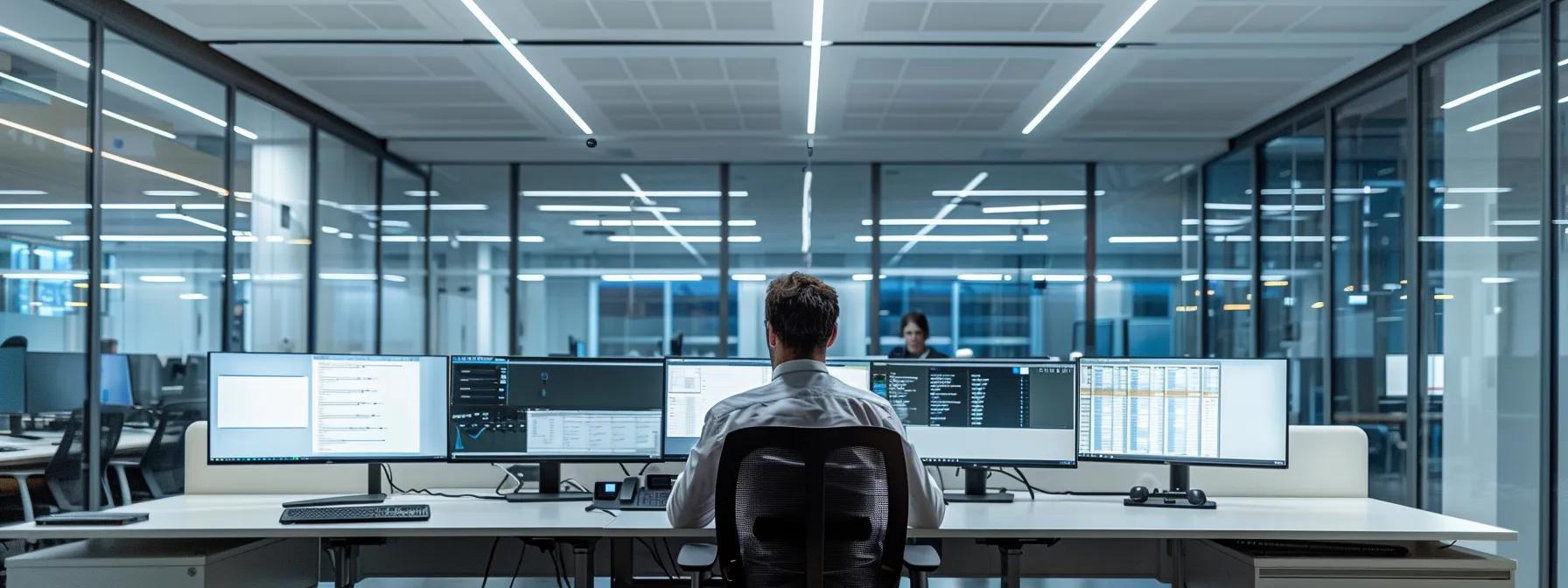 a sleek, modern office environment features a focused technician meticulously inspecting a sophisticated integrated safety system, illuminated by bright overhead lighting that highlights the advanced technology and equipment around them. a sleek, modern office environment features a focused technician meticulously inspecting a sophisticated integrated safety system, illuminated by bright overhead lighting that highlights the advanced technology and equipment around them.