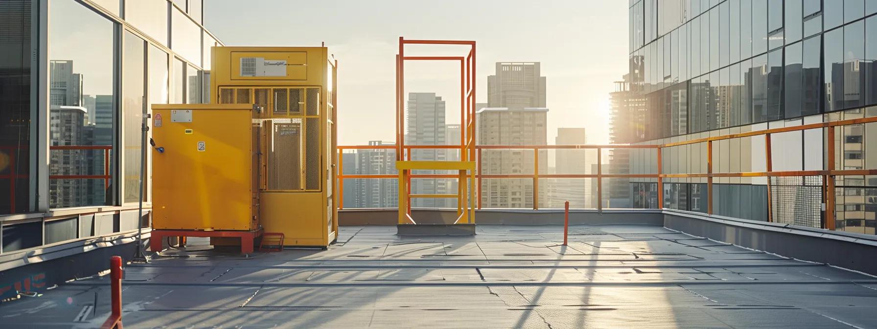 a sleek, modern rooftop workspace showcases an intricately designed integrated roof edge protection system, featuring bold safety barriers and accessible fall protection equipment, under the glare of bright urban sunlight, emphasizing a commitment to worker safety. a sleek, modern rooftop workspace showcases an intricately designed integrated roof edge protection system, featuring bold safety barriers and accessible fall protection equipment, under the glare of bright urban sunlight, emphasizing a commitment to worker safety.