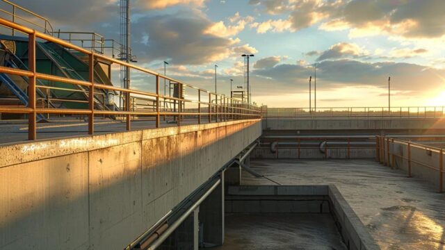 a visually impactful industrial workspace showcases a robust barrier fall protection system installed around the edge of a rooftop, emphasizing the paramount importance of edge safety with dramatic lighting highlighting the sturdy materials and structures in place.