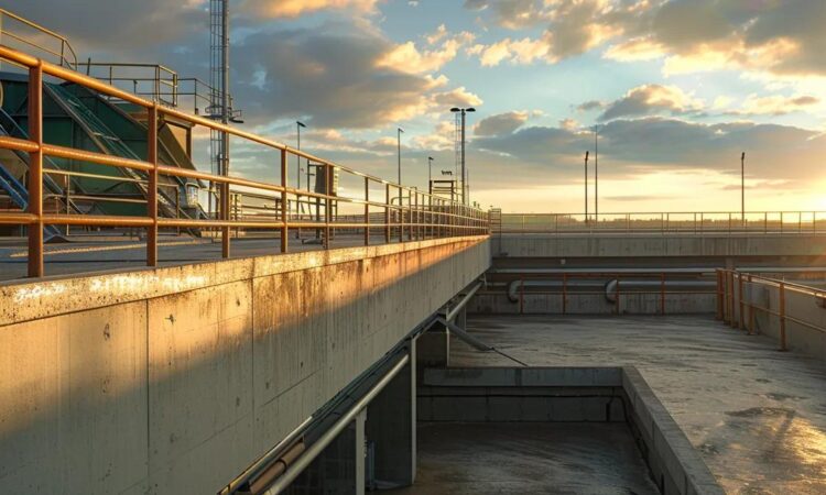 a visually impactful industrial workspace showcases a robust barrier fall protection system installed around the edge of a rooftop, emphasizing the paramount importance of edge safety with dramatic lighting highlighting the sturdy materials and structures in place.