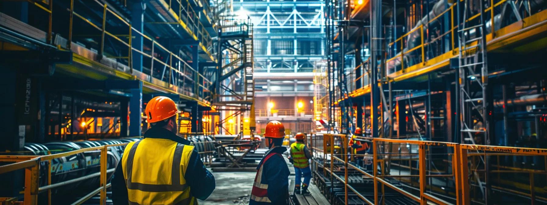 a well-organized construction site bustling with workers engaged in a safety training session, showcasing a prominently displayed overhead fall protection system in a modern industrial setting, illuminated by bright artificial lighting. a well-organized construction site bustling with workers engaged in a safety training session, showcasing a prominently displayed overhead fall protection system in a modern industrial setting, illuminated by bright artificial lighting.