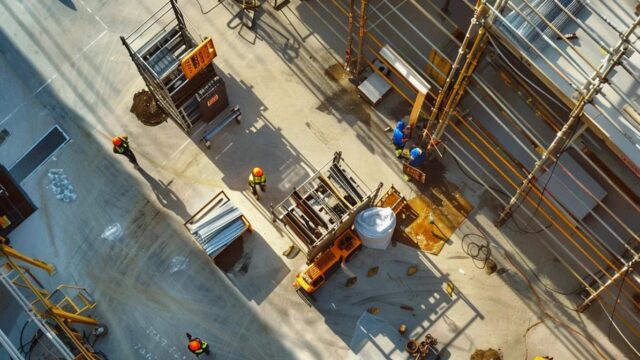 aerial view of a modern industrial workspace showcasing an advanced overhead fall protection system installed on a sleek metal framework, emphasizing cutting-edge safety technology in a bustling construction environment.