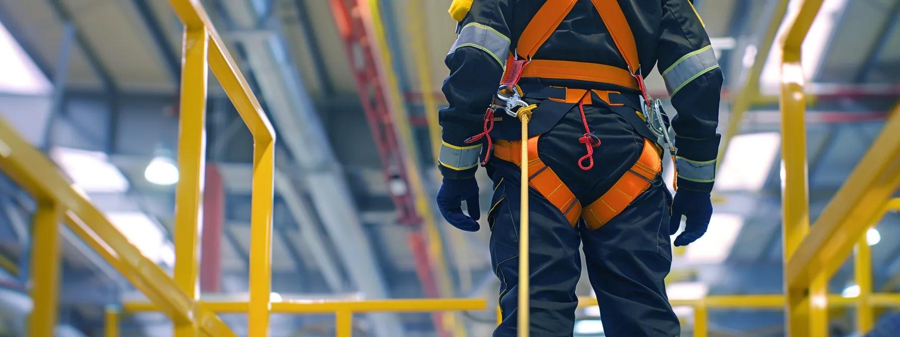an industrial workspace features a worker securely wearing a bright safety harness and tethered to a fall restraint system, standing confidently at the edge of a raised platform, with safety signage prominently displayed in the background. an industrial workspace features a worker securely wearing a bright safety harness and tethered to a fall restraint system, standing confidently at the edge of a raised platform, with safety signage prominently displayed in the background.